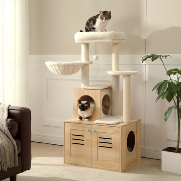 Árbol Rascador de Madera para Gatos con Caja de Arena y Hamaca