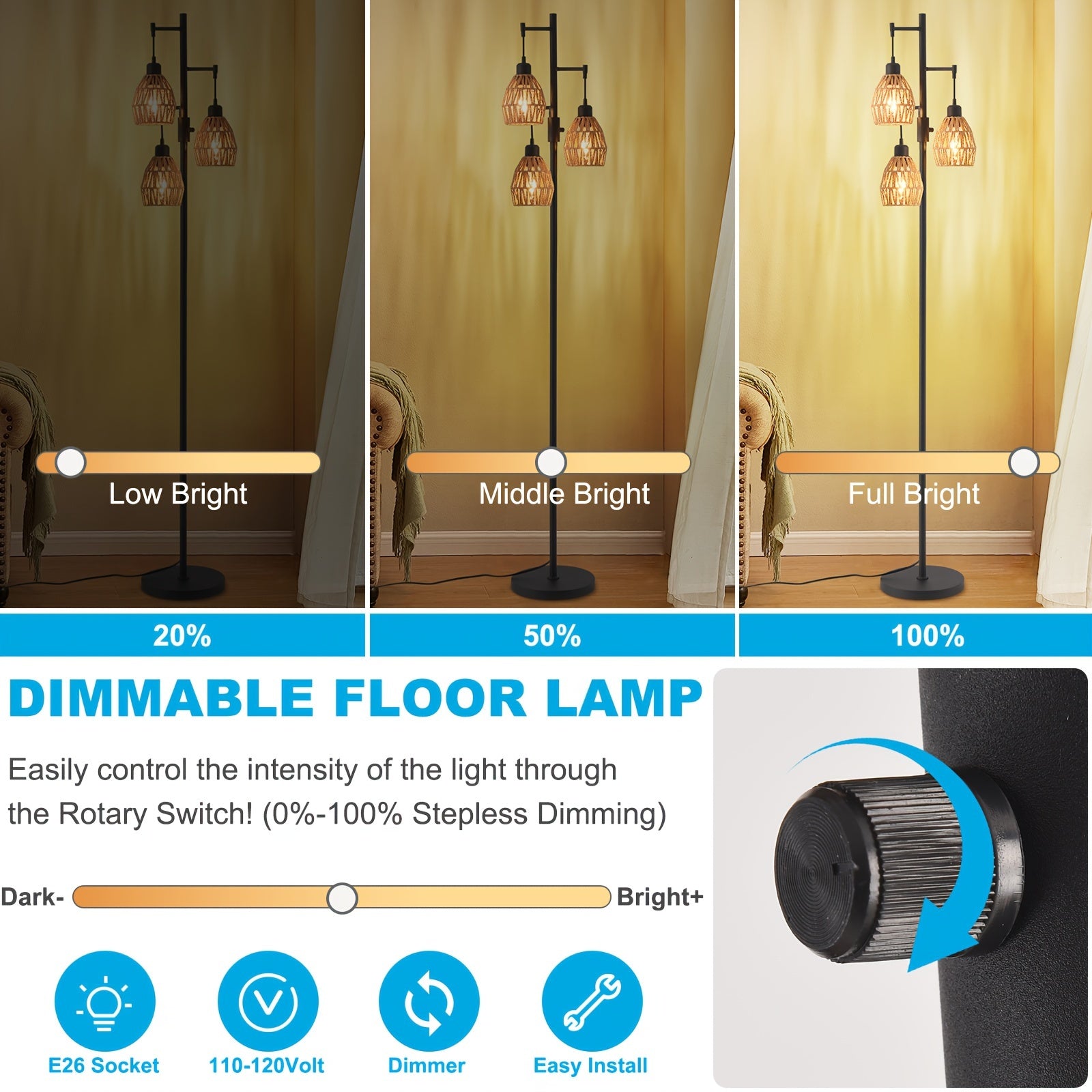 Lámpara de Pie Boho Rattan con Regulador de Intensidad