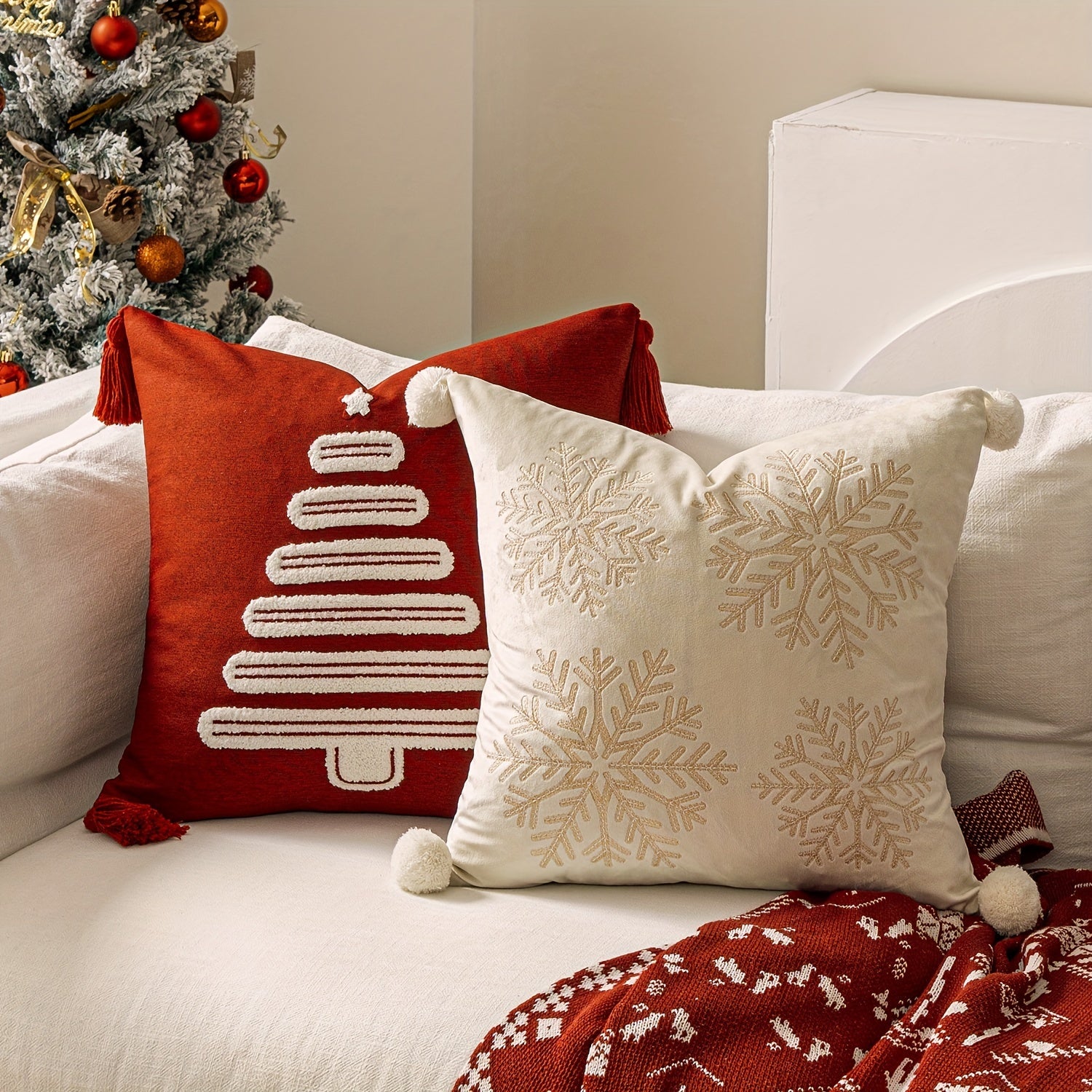 Funda de Cojín Bordada con Árbol de Navidad, 45x45 cm, Poliéster Suave