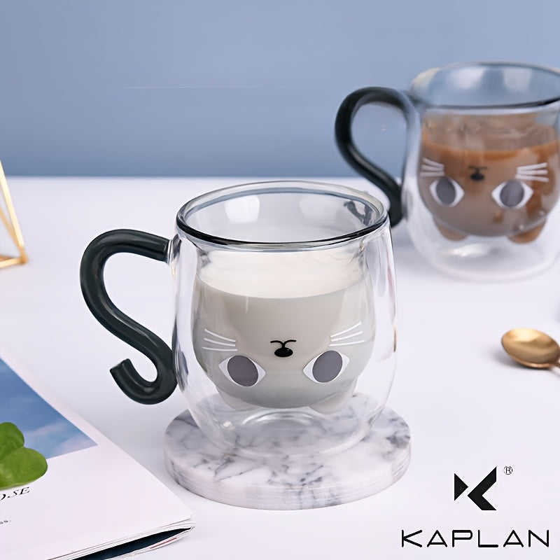 Vaso de Cristal de Doble Pared con Diseño de Gato, Resistente al Calor