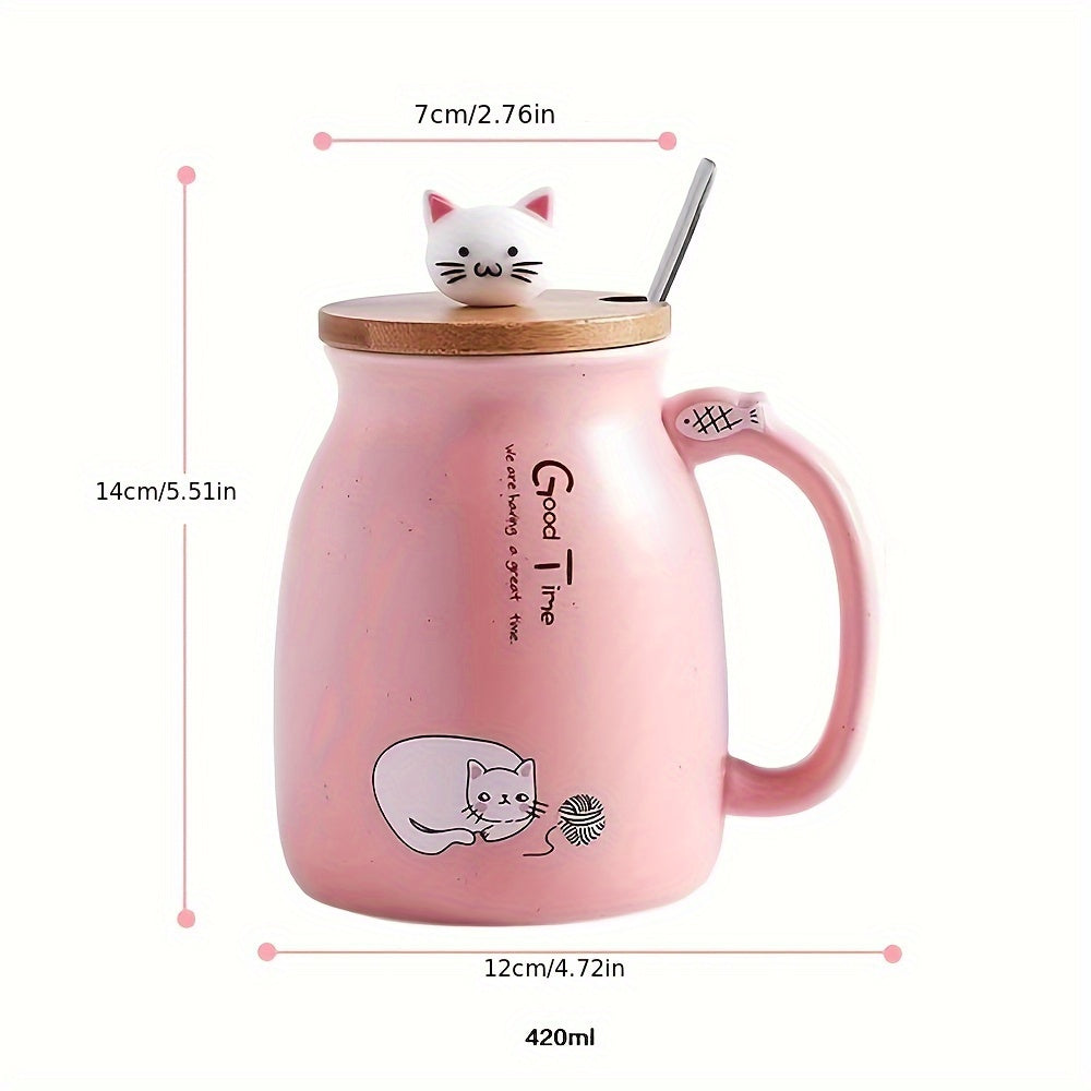 Taza de Cerámica con Tapa y Cuchara, 420ml, Diseño de Gato