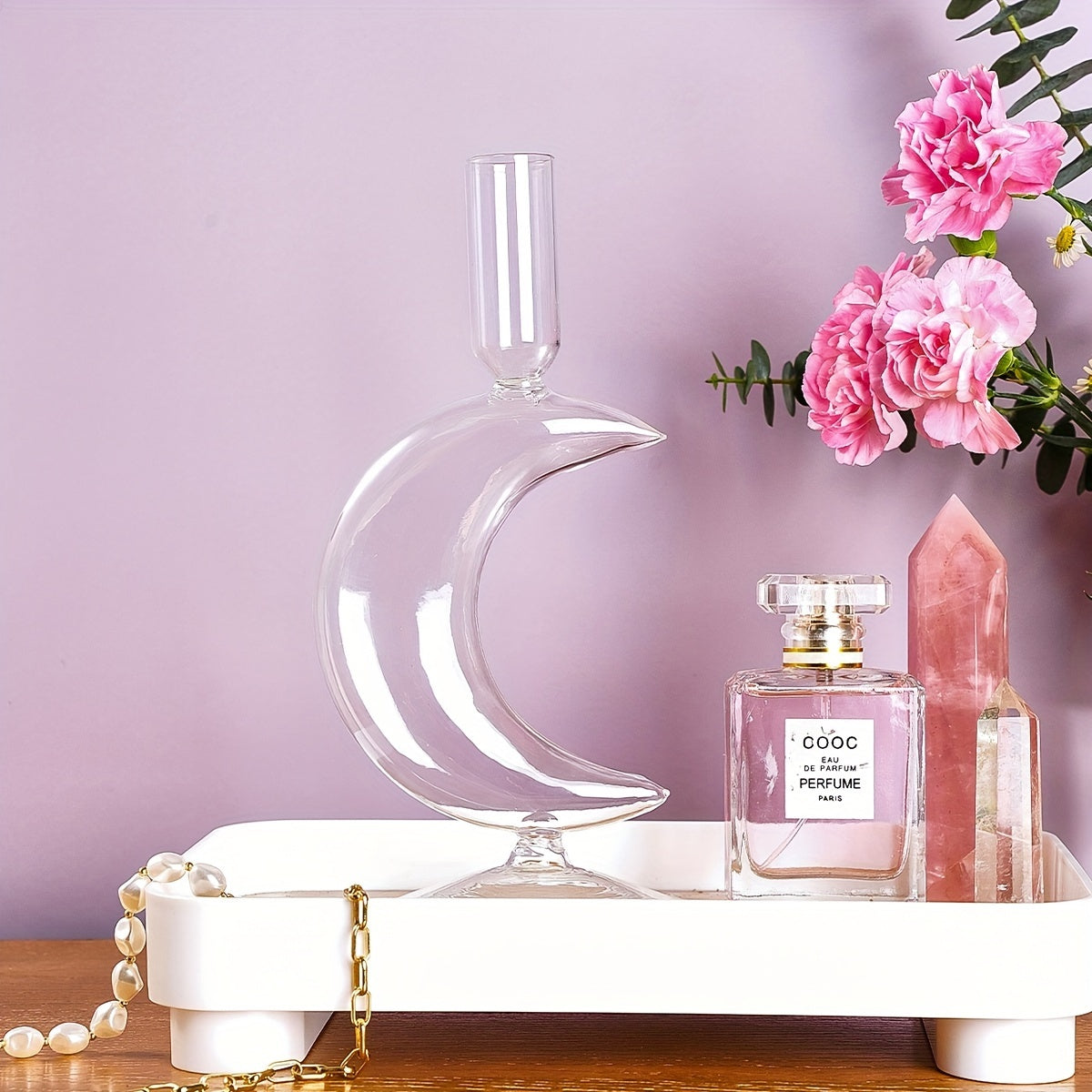 Elegante Portavelas de Cristal en Forma de Luna para Decoración