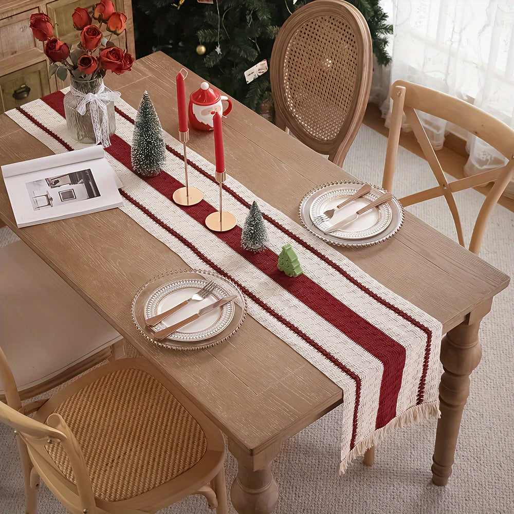 Camino de Mesa Rústico de Algodón-Lino con Borlas, Rojo Oscuro