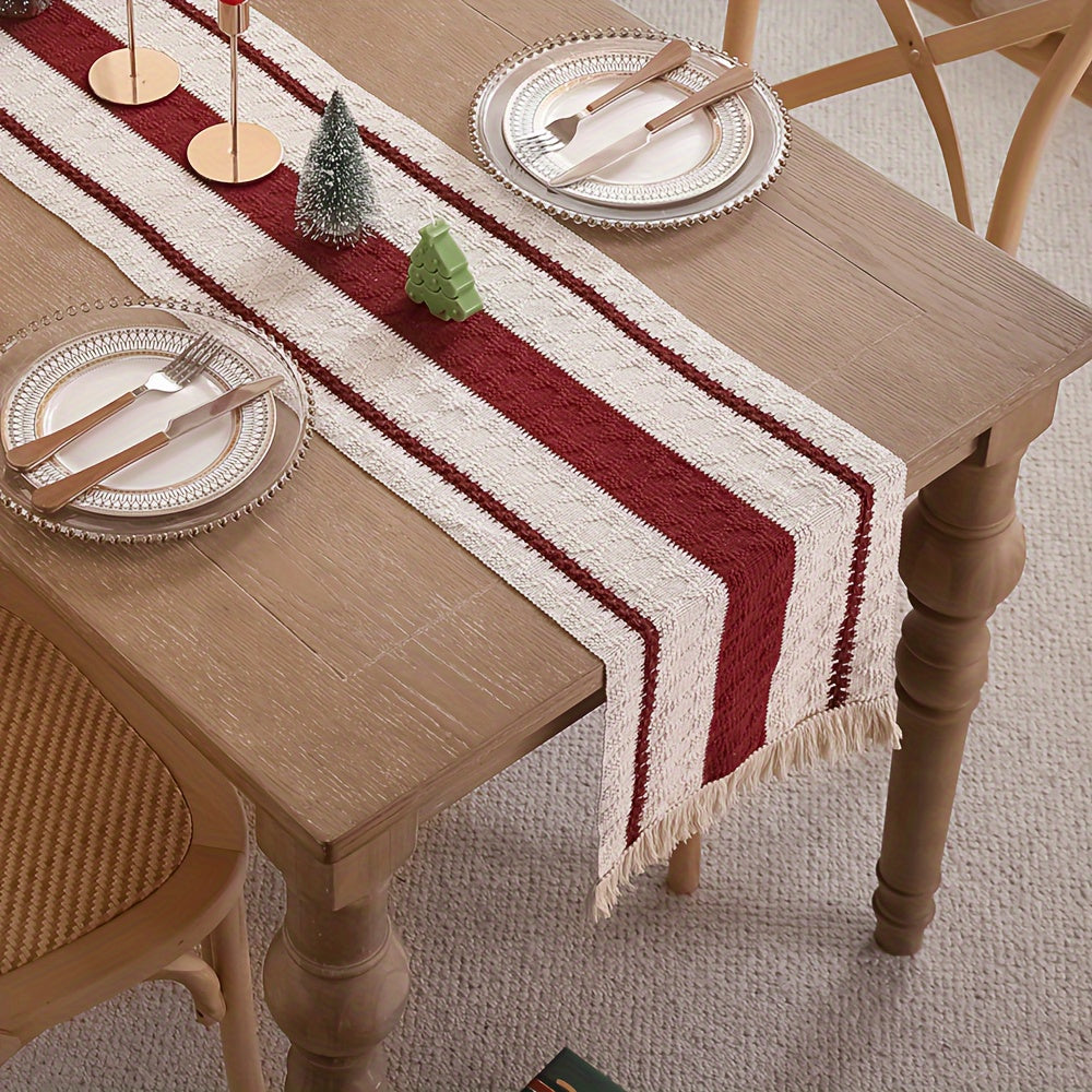 Camino de Mesa Rústico de Algodón-Lino con Borlas, Rojo Oscuro