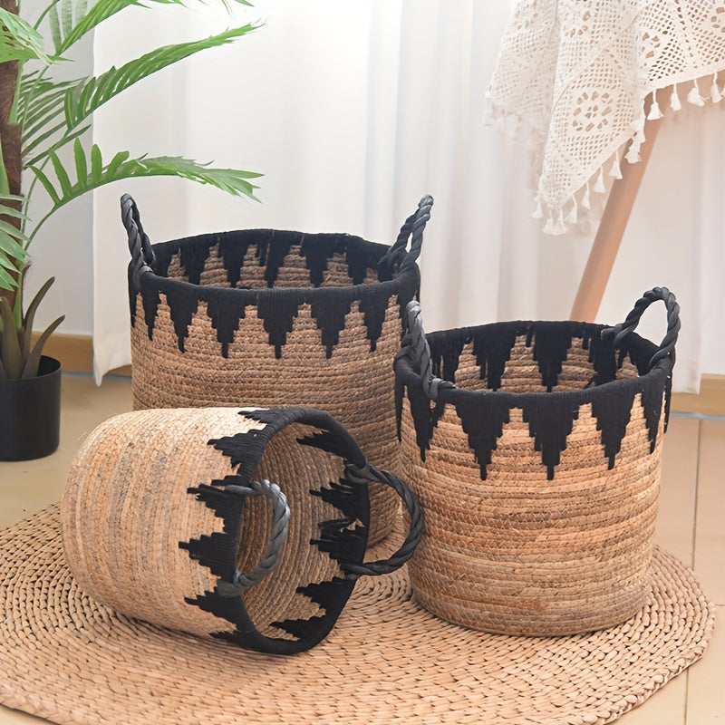 Cesta de Almacenaje Tejida a Mano con Asas Negras y Borlas Blancas