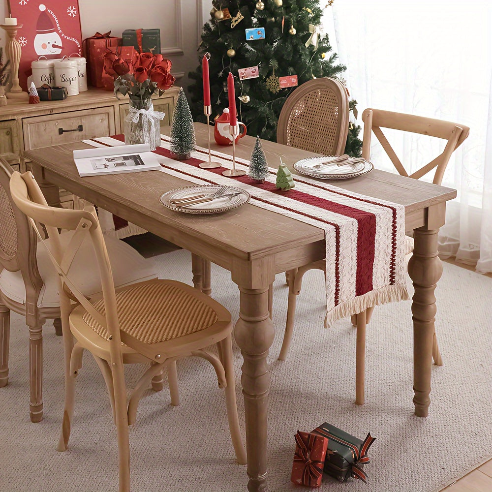 Camino de Mesa Rústico de Algodón-Lino con Borlas, Rojo Oscuro