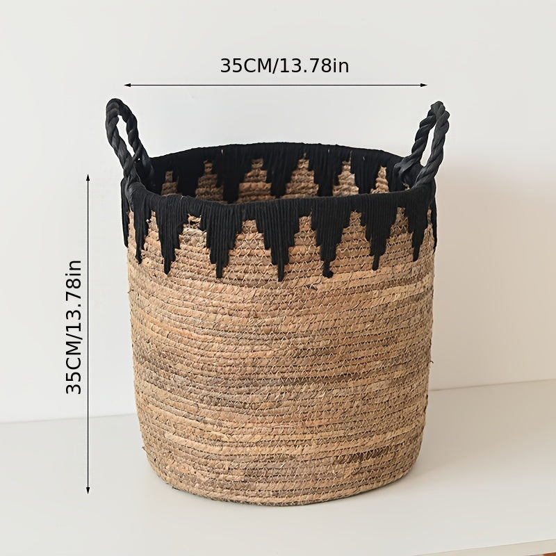 Cesta de Almacenaje Tejida a Mano con Asas Negras y Borlas Blancas