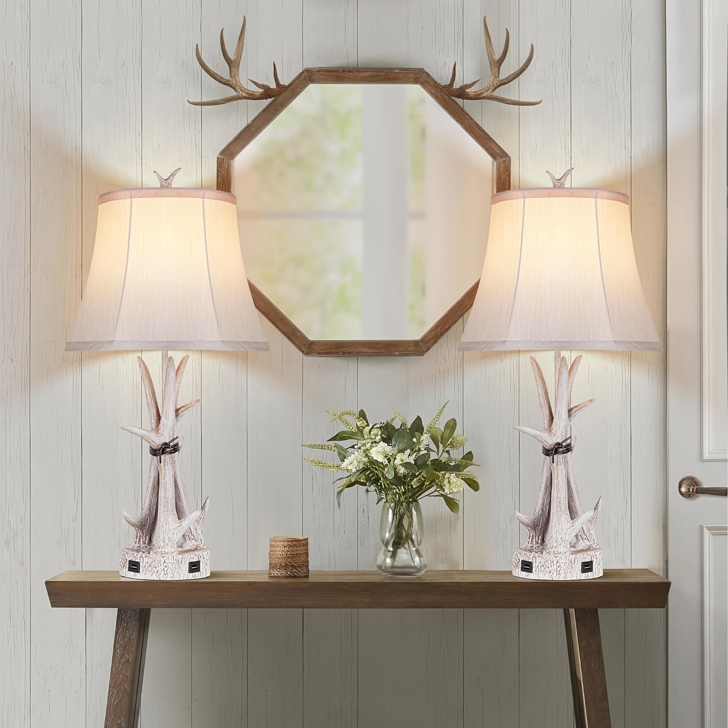 Lámparas de Mesa con Puertos USB, Estilo Rústico (Blanco)