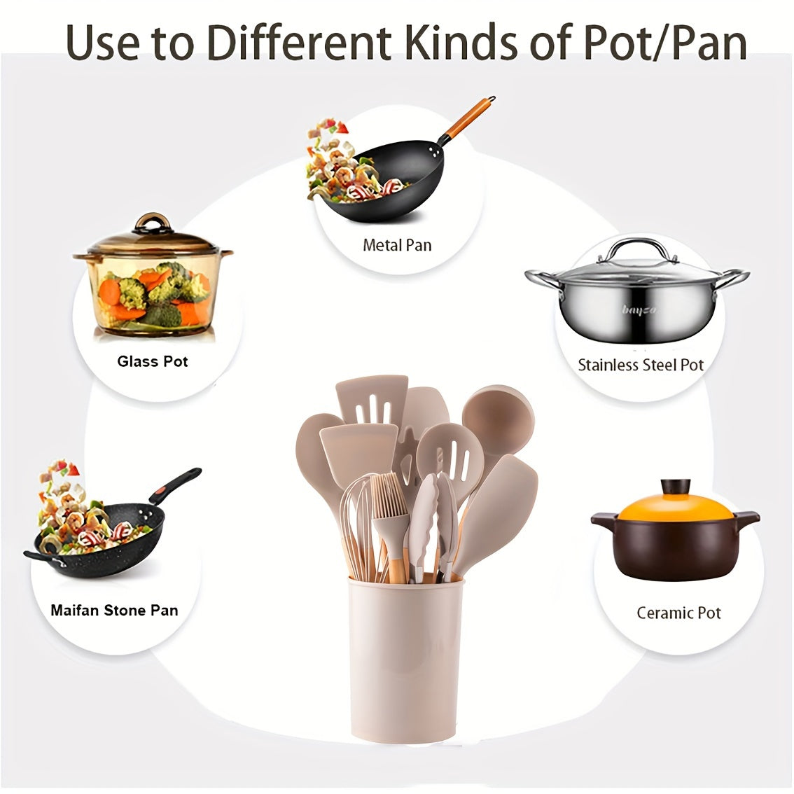 Set de Utensilios de Cocina de Silicona con Mango de Madera