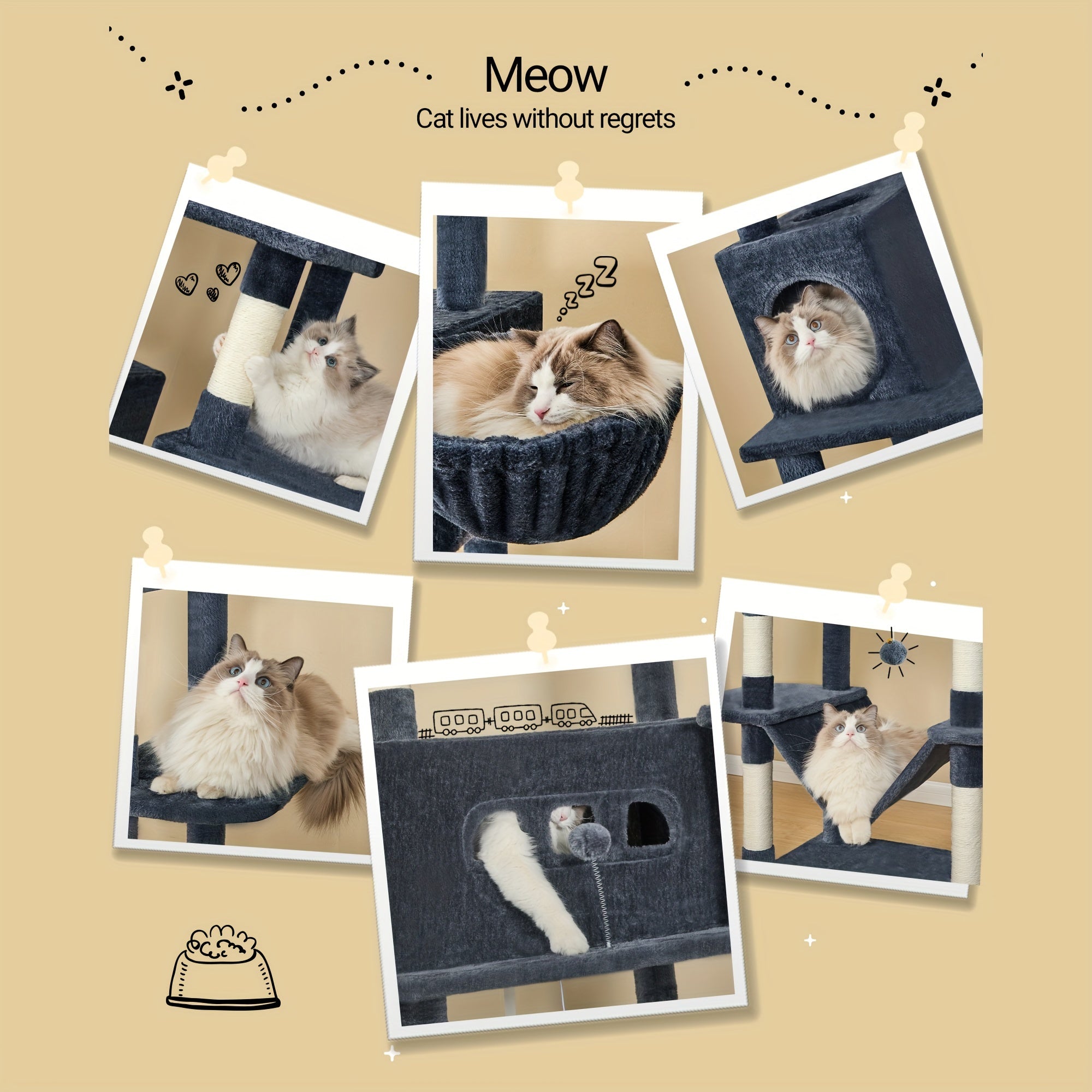 Árbol para Gatos de 210 cm con Cuevas y Hamaca - Color Gris Claro