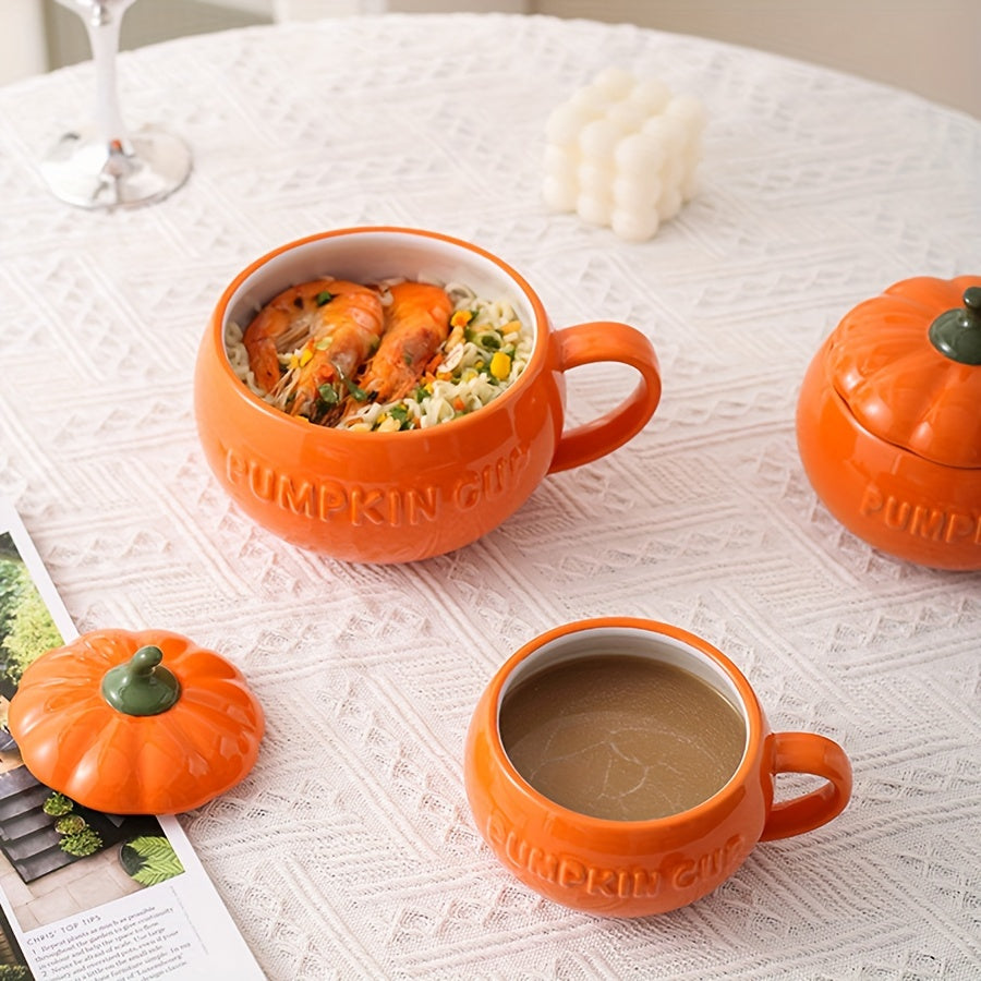 Taza Cerámica Calabaza YumiPLUS con Tapa - Ideal para Bebidas y Sopas