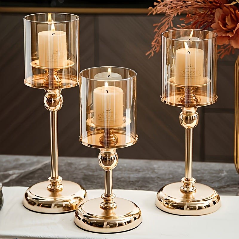 Set de 3 Elegantes Portavelas de Metal y Cristal - Decoración Romántica