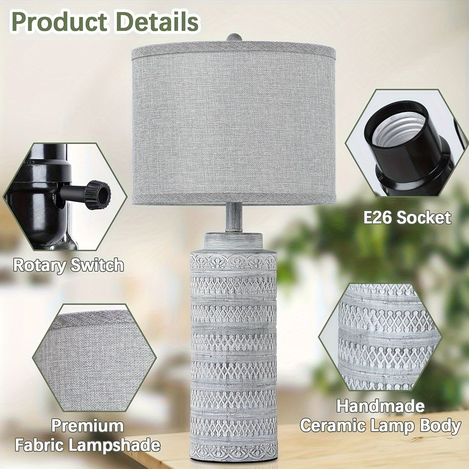 Set de 2 Pantallas de Mesa Cerámicas con Pantalla de Tela Gris