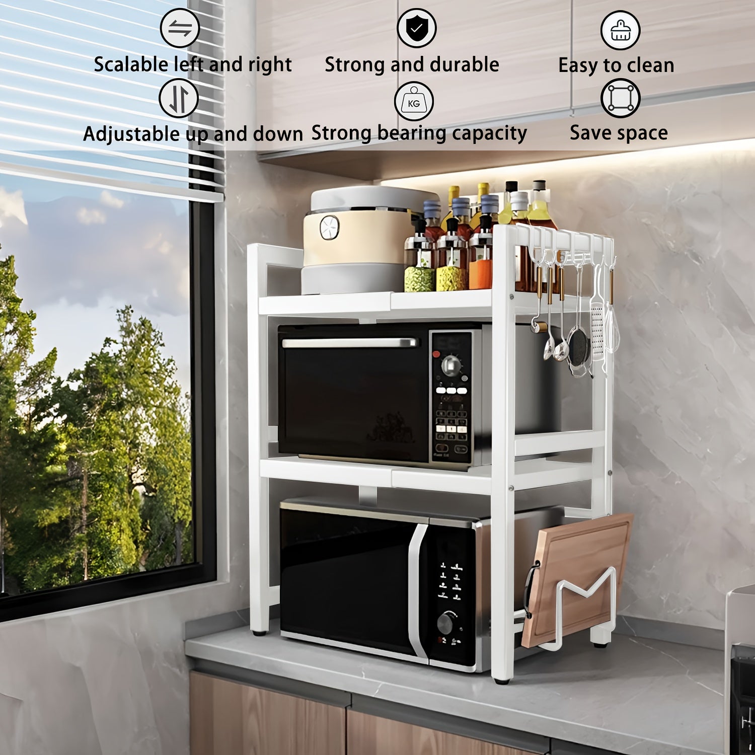 Estantería Extensible de Microondas con Ganchos y Toalleros