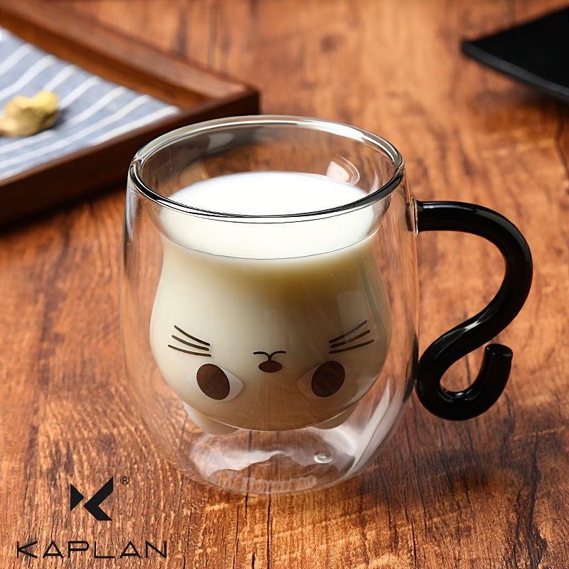 Vaso de Cristal de Doble Pared con Diseño de Gato, Resistente al Calor