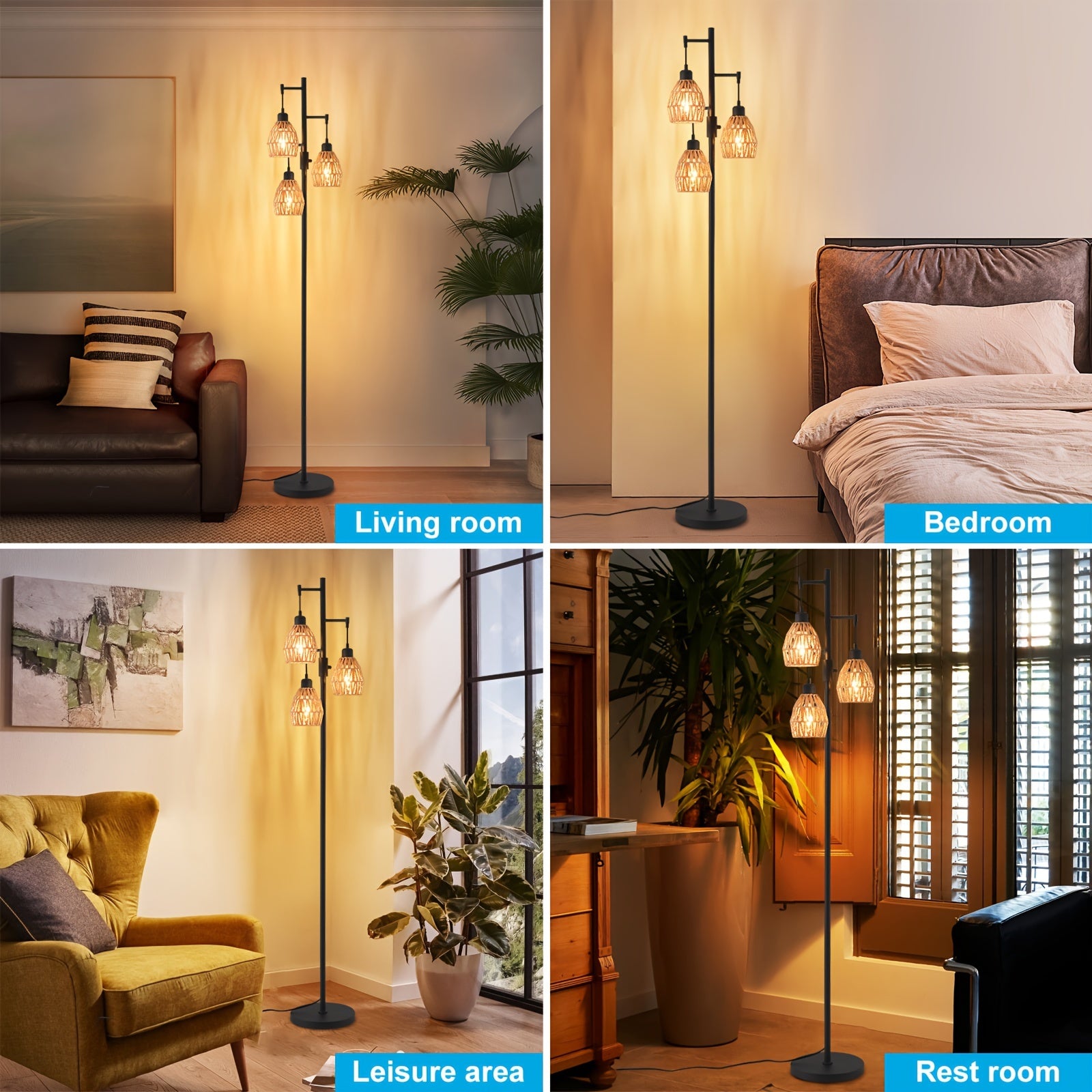 Lámpara de Pie Boho Rattan con Regulador de Intensidad