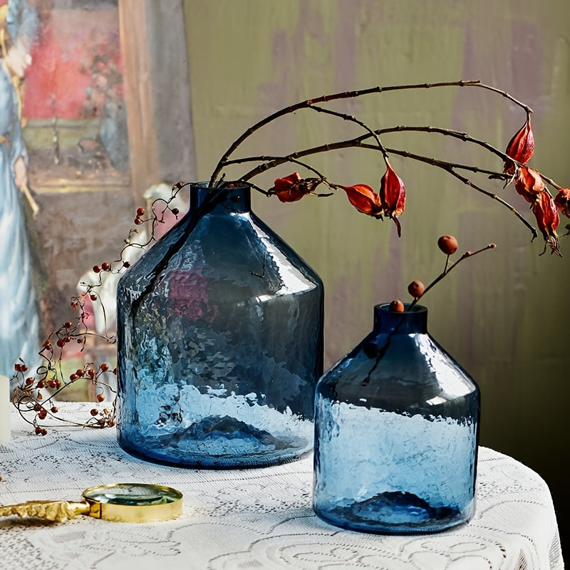 Jarrón de Cristal Azul con Diseño Ondulado para Flores Hidropónicas