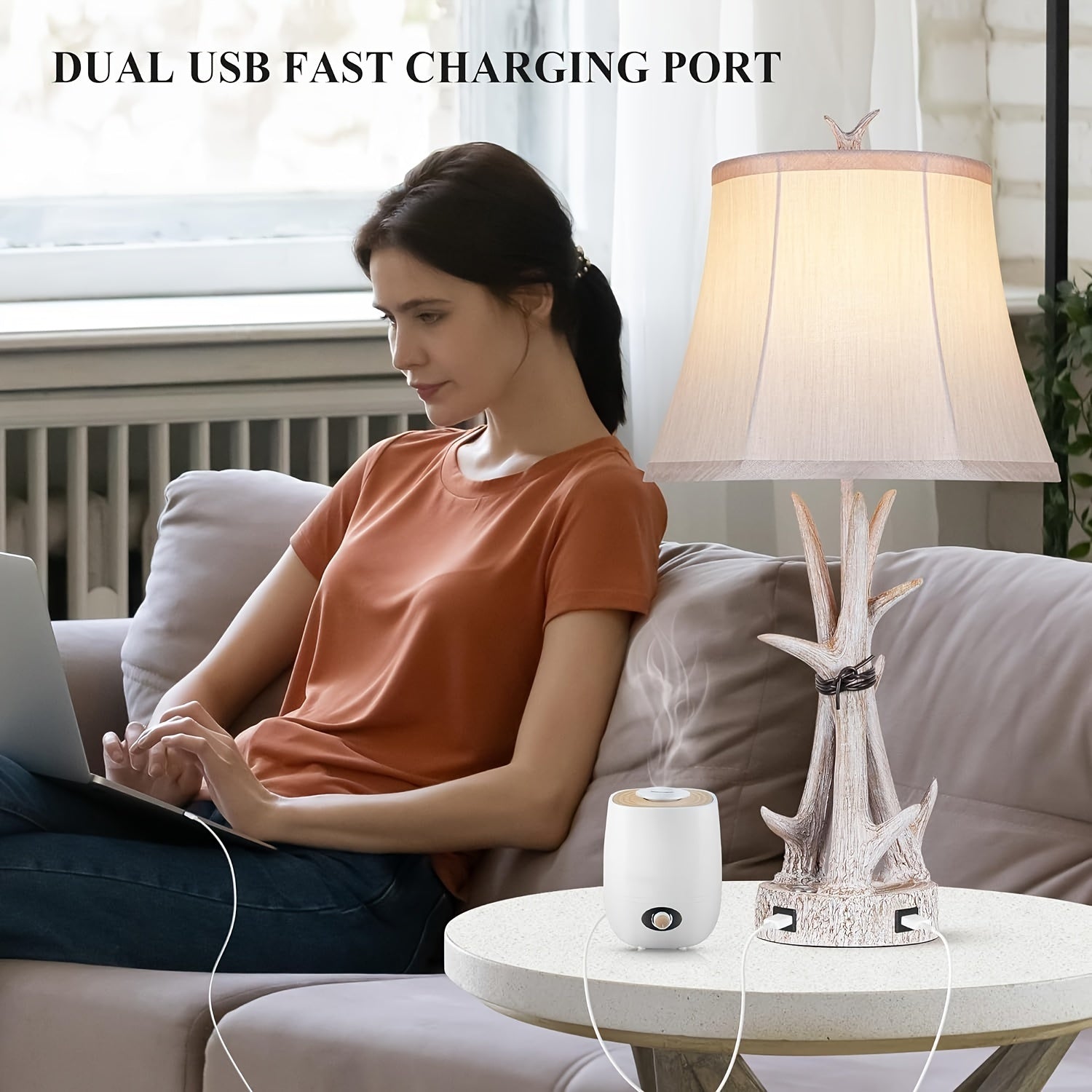 Lámparas de Mesa con Puertos USB, Estilo Rústico (Blanco)