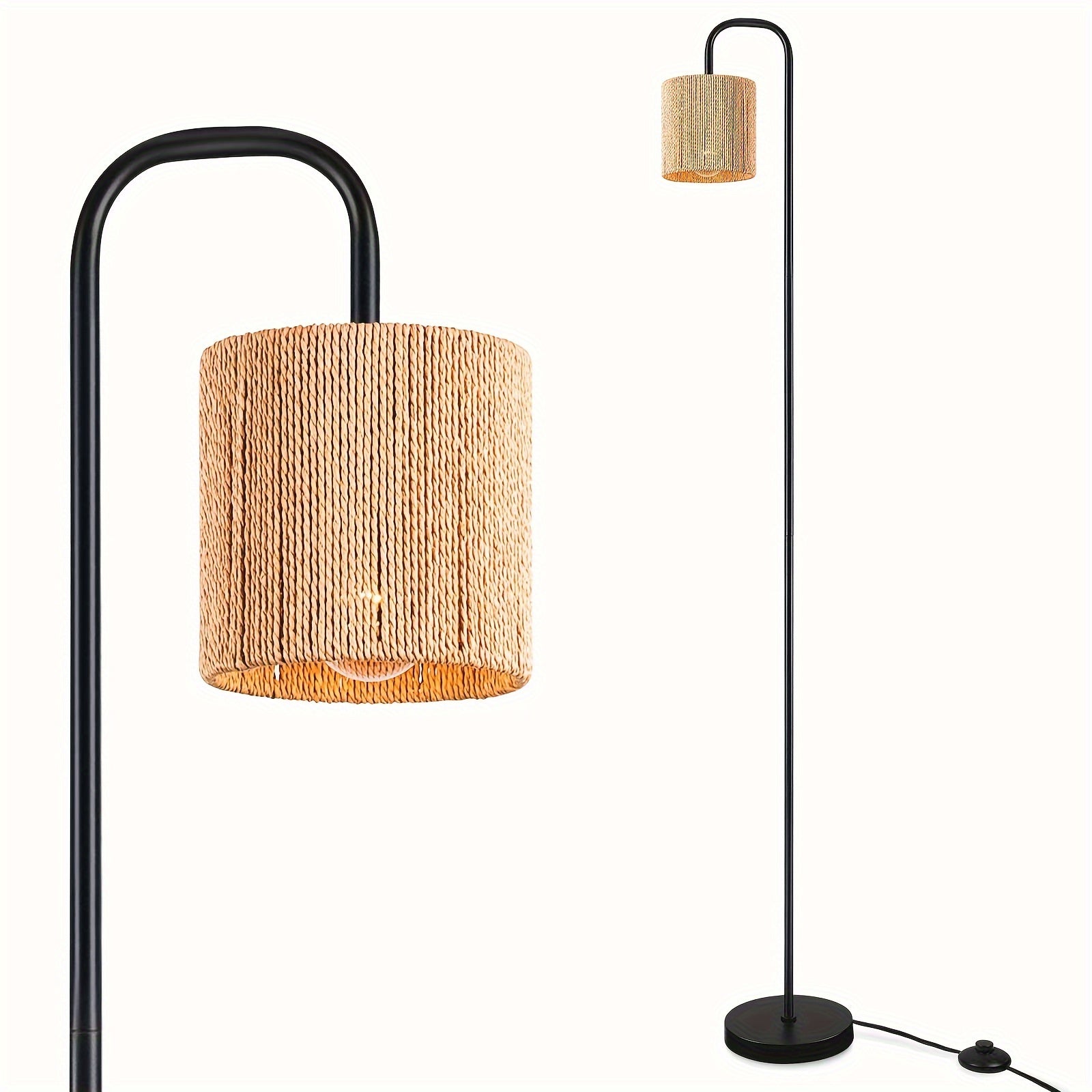 Lámpara de Pie Industrial con Pantalla de Ratán y Base Metálica