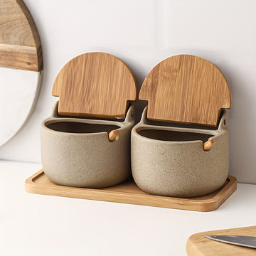 Set de Tarros de Cerámica con Tapa de Bambú para Condimentos