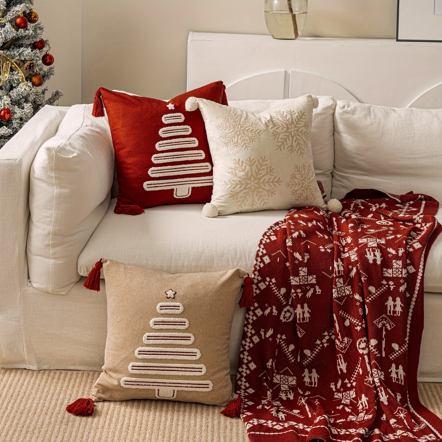 Funda de Cojín Bordada con Árbol de Navidad, 45x45 cm, Poliéster Suave