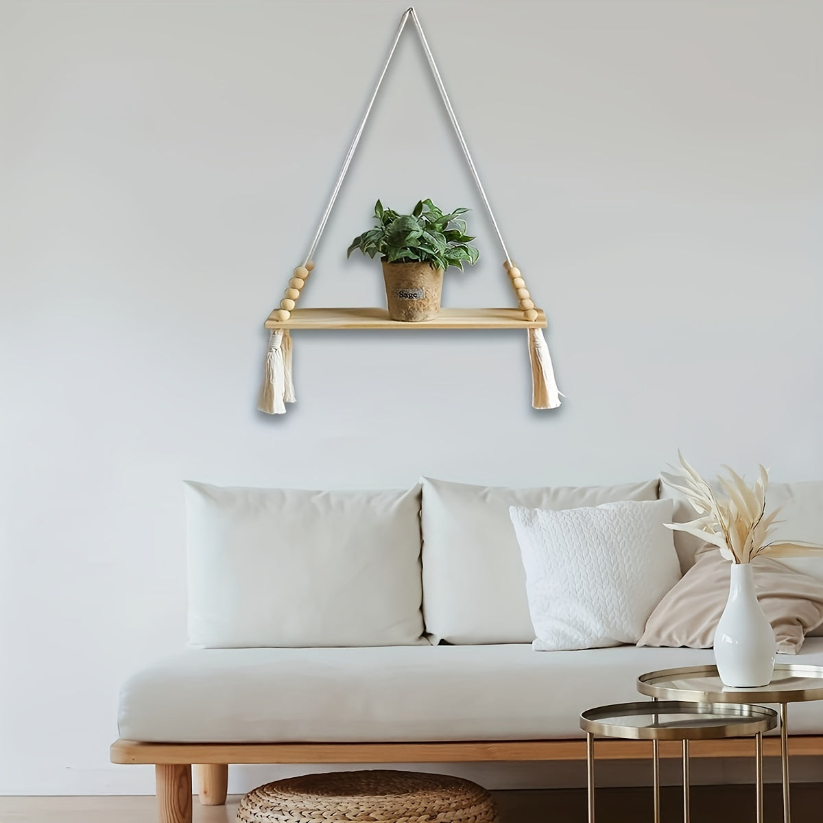 Estantería Colgante Boho de Madera con Macramé y Flecos