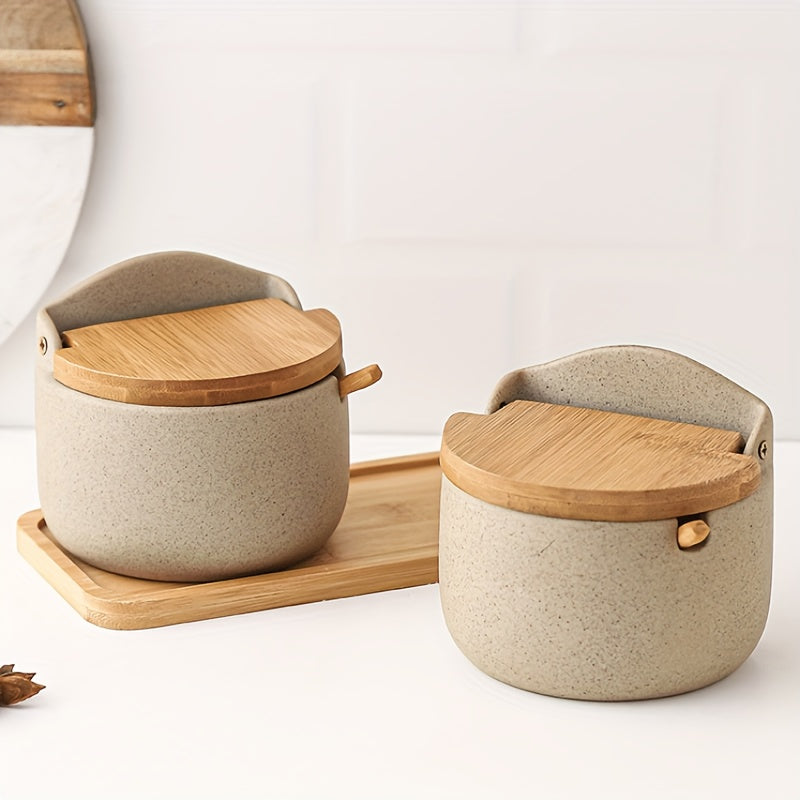 Set de Tarros de Cerámica con Tapa de Bambú para Condimentos