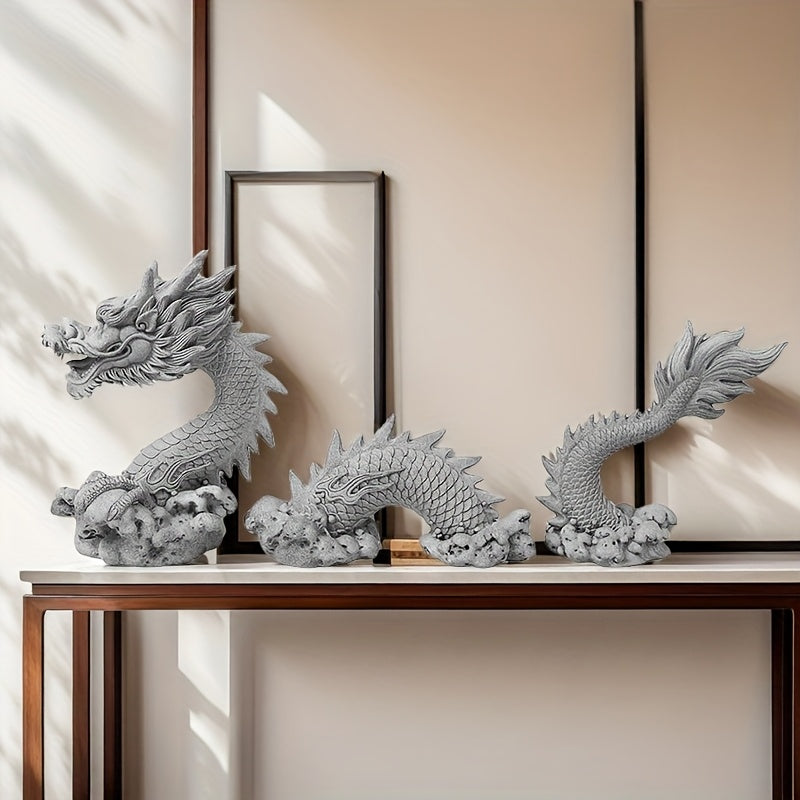 Set de 3 Dragones de Piedra Tallada para Decoración de Hogar y Oficina