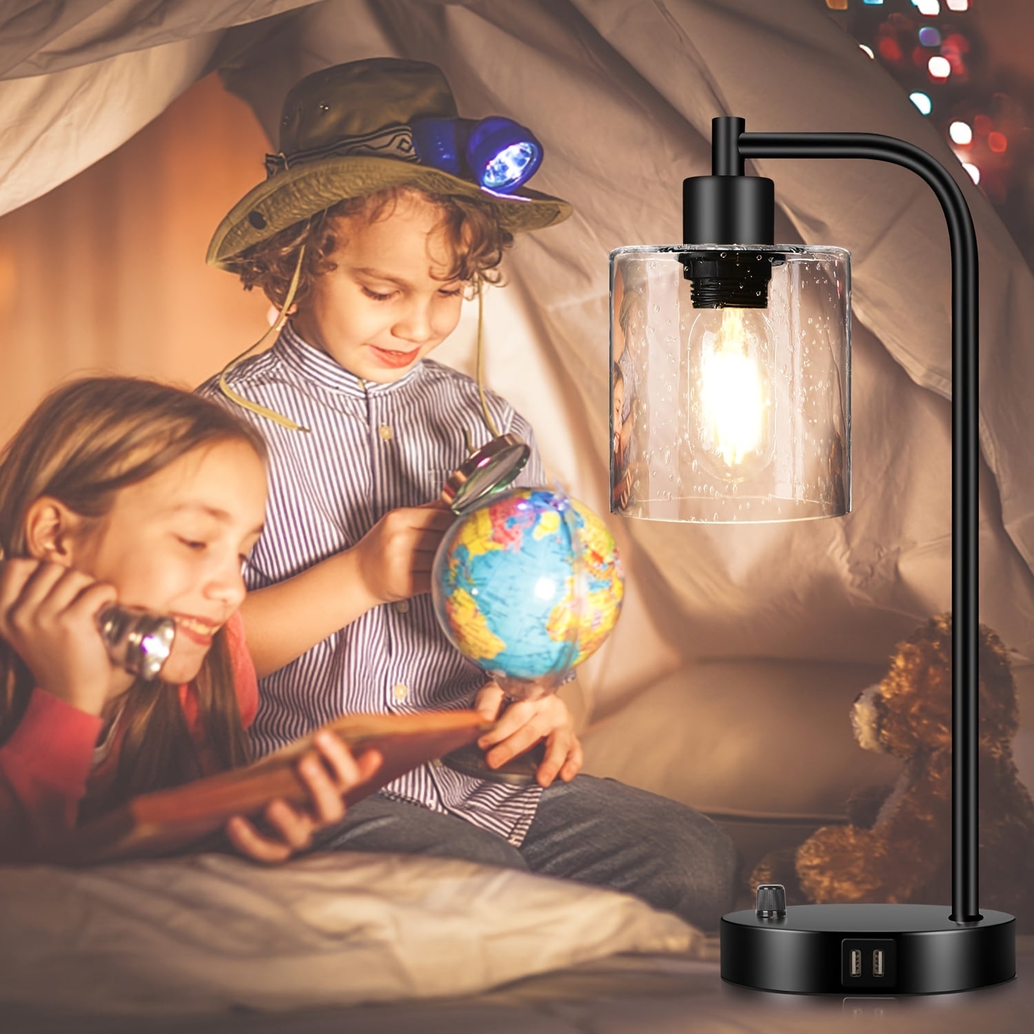 Set de 2 Lámparas de Mesa Industriales con USB y Regulador de Intensidad