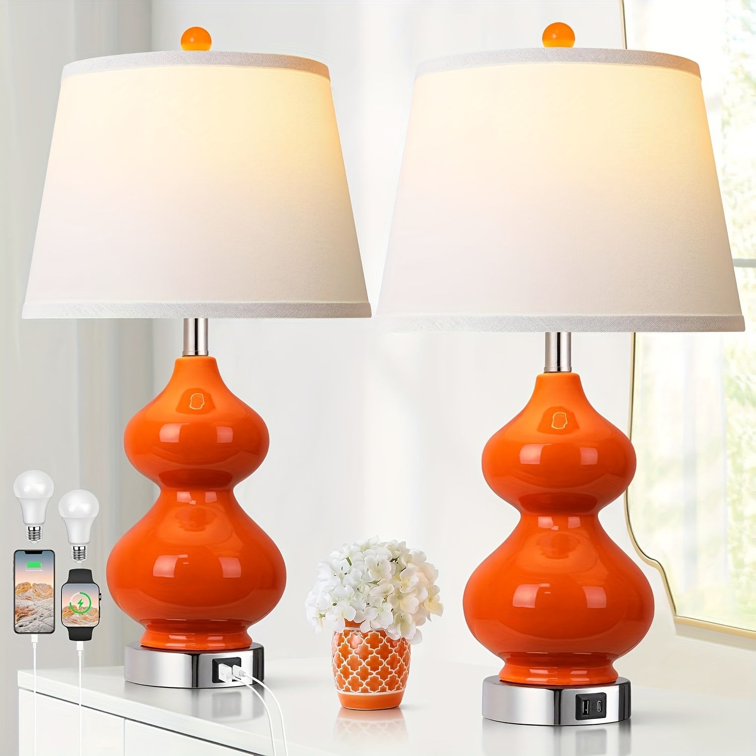 Lámparas de Mesa Modernas Naranja con Puertos USB, Set de 2