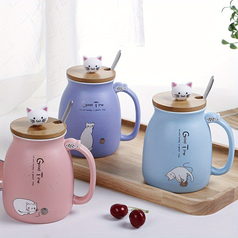 Taza de Cerámica con Tapa y Cuchara, 420ml, Diseño de Gato