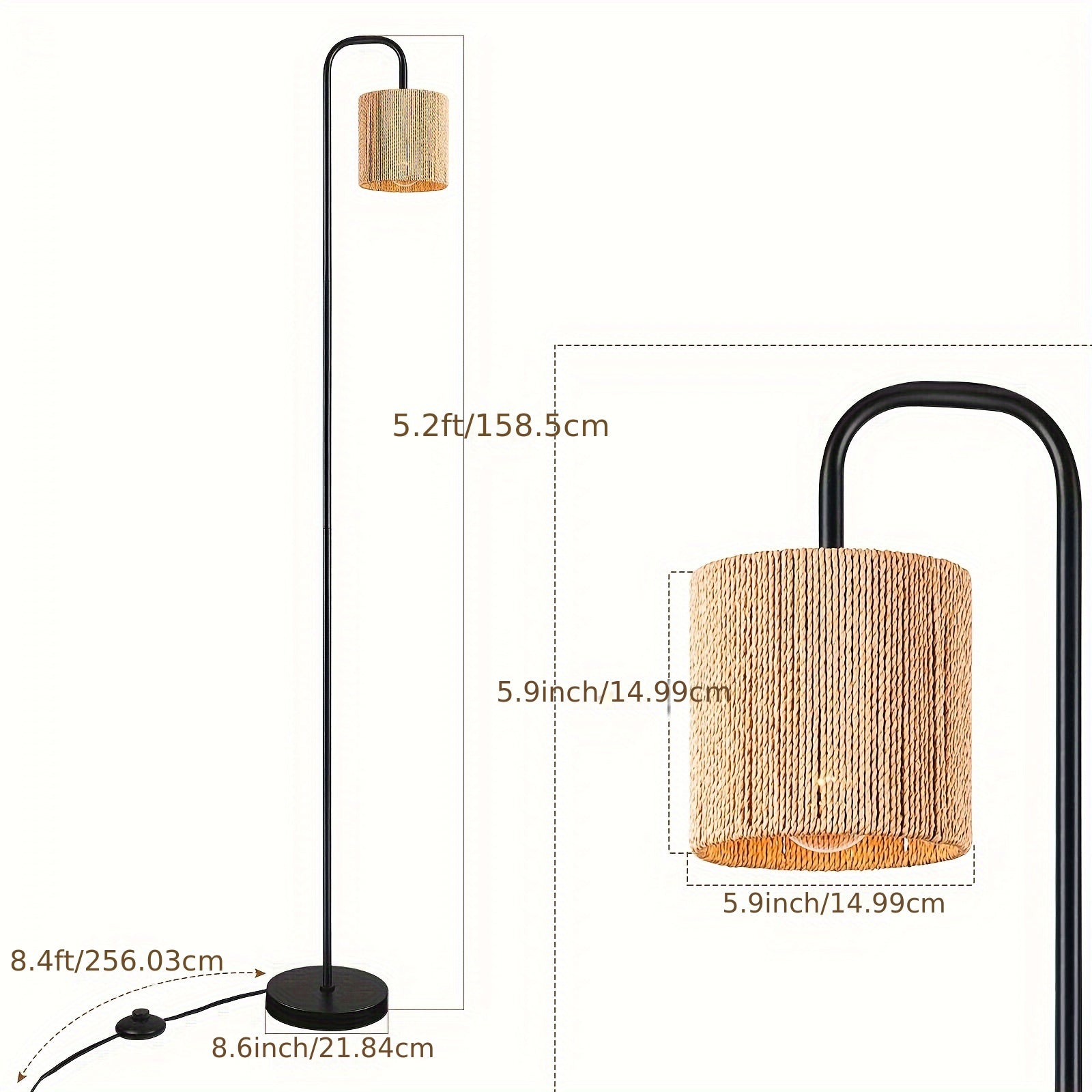 Lámpara de Pie Industrial con Pantalla de Ratán y Base Metálica