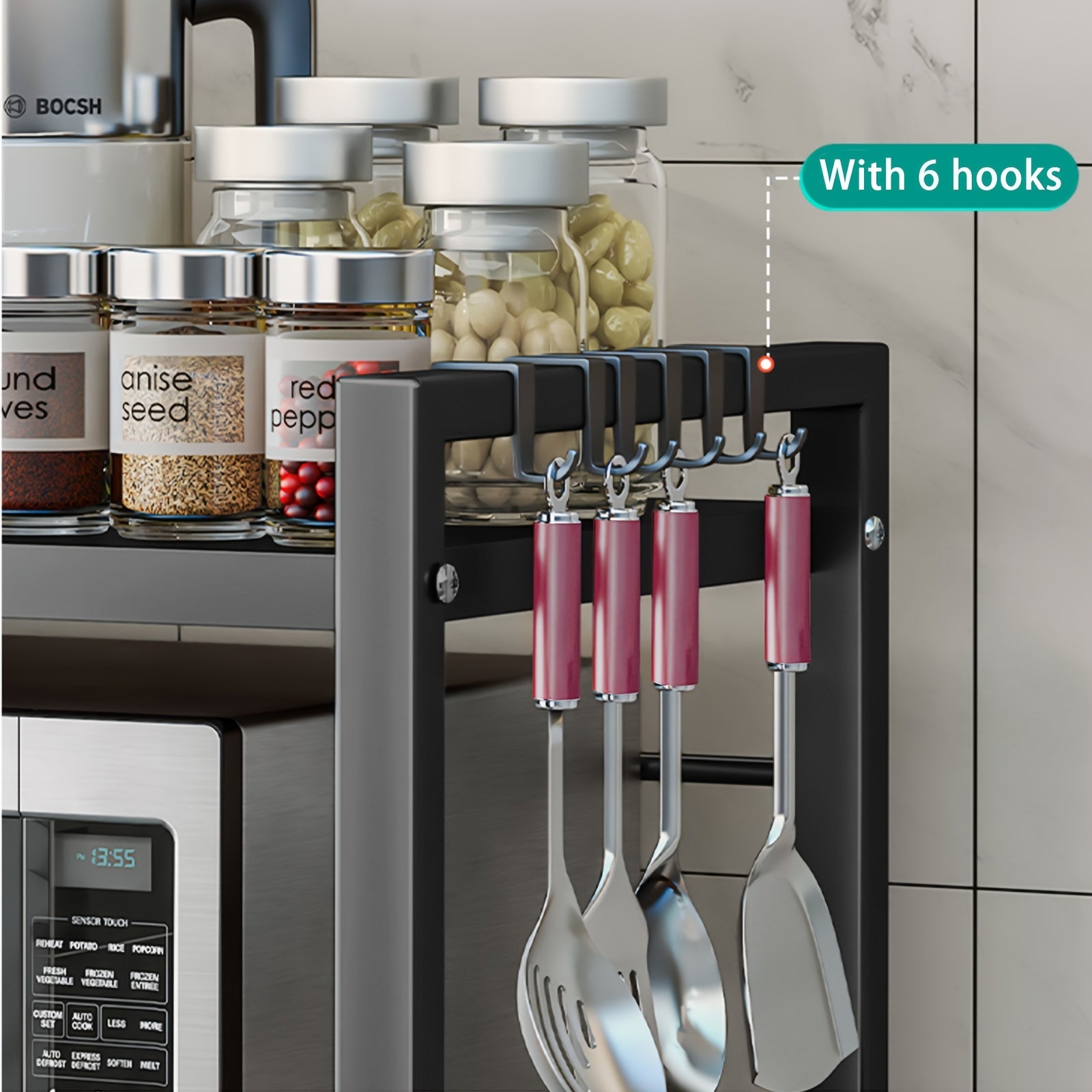 Estantería Extensible de Microondas con Ganchos y Toalleros