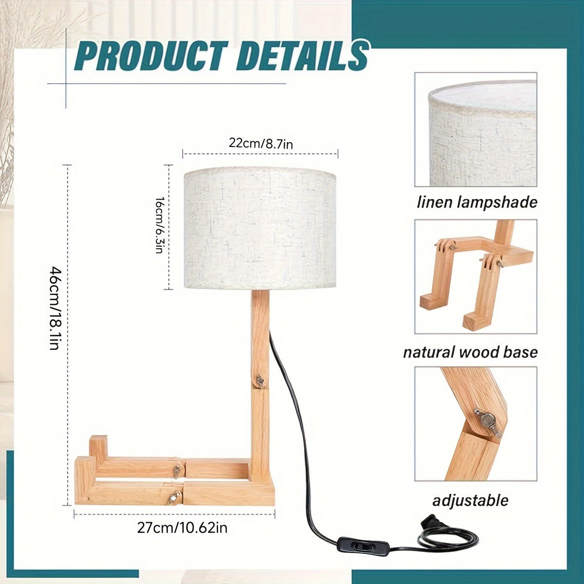 Lámpara de Mesa Robot de Madera Ajustable para Dormitorio y Oficina