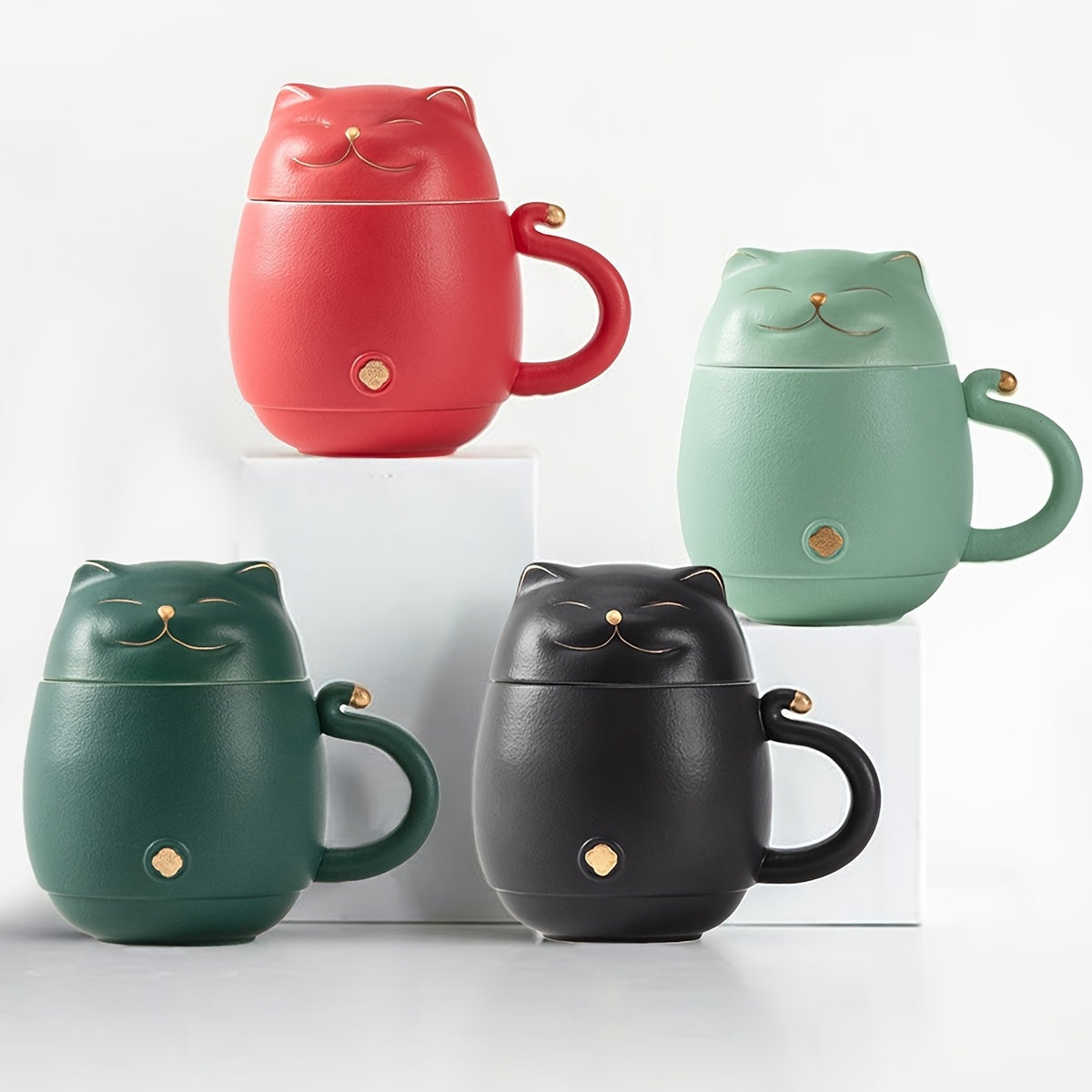 Taza de Té de Cerámica con Infusor y Tapa, Diseño de Gato