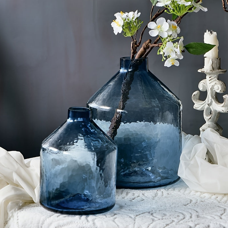 Jarrón de Cristal Azul con Diseño Ondulado para Flores Hidropónicas