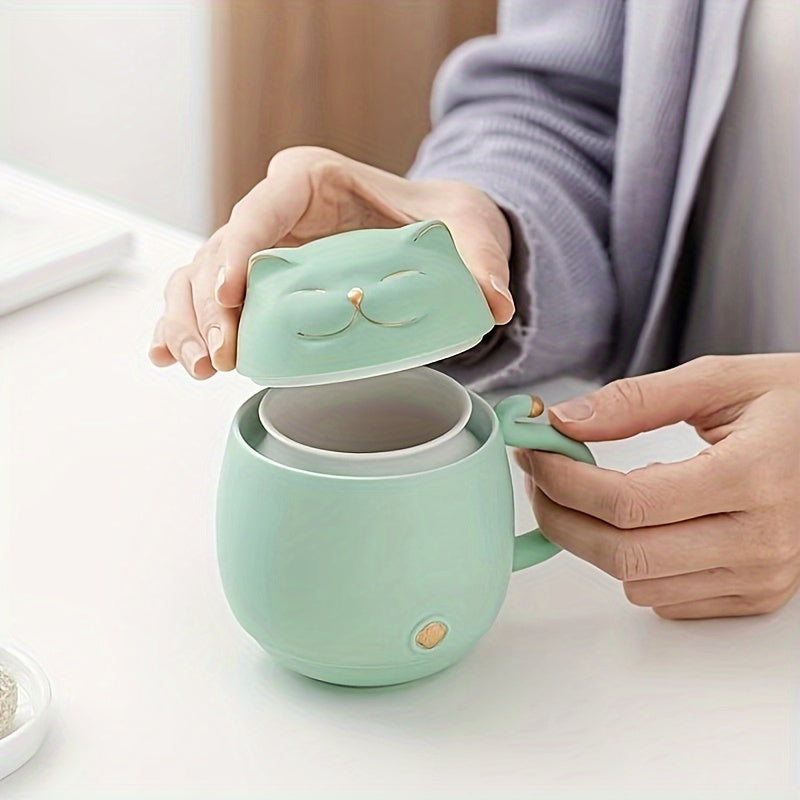 Taza de Té de Cerámica con Infusor y Tapa, Diseño de Gato