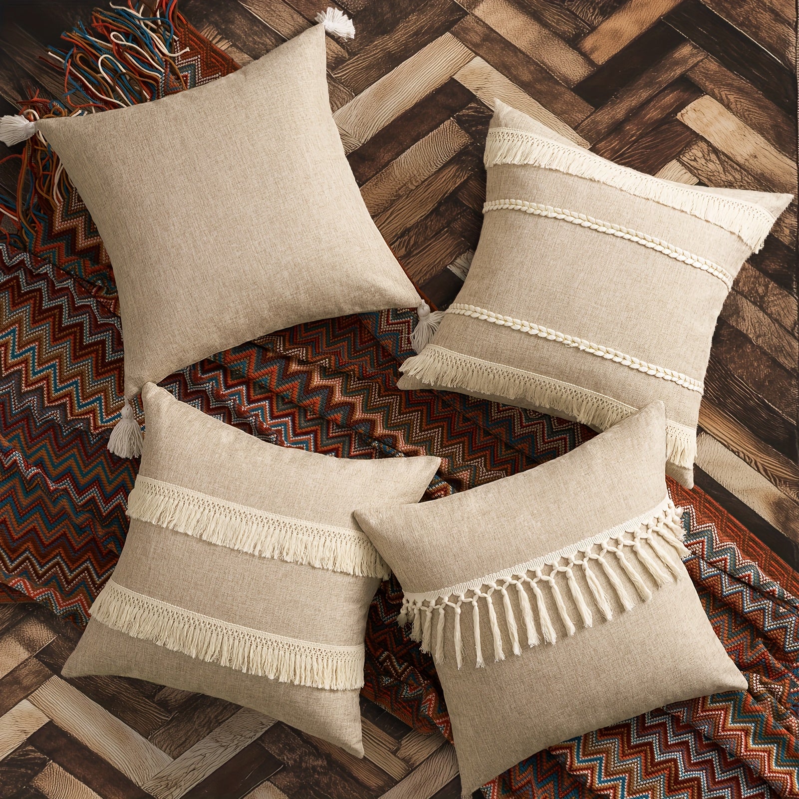 Juego de 4 Fundas de Cojín Beige de Lino Rústico para Sofá y Cama