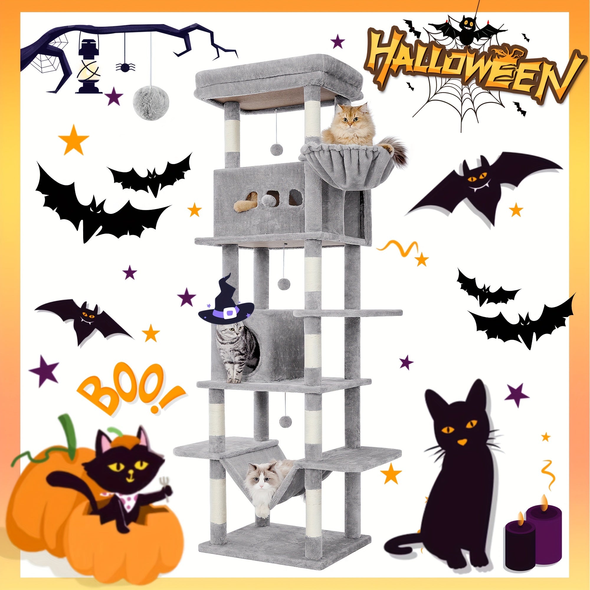 Árbol para Gatos de 210 cm con Cuevas y Hamaca - Color Gris Claro