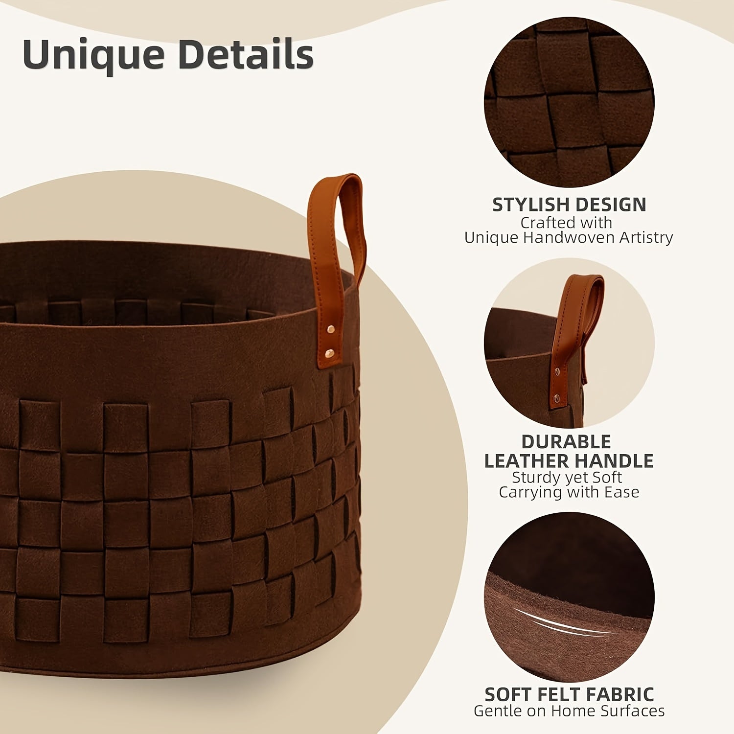 Cesto de Lavandería Grande de Fieltro con Asas de Piel Sintética