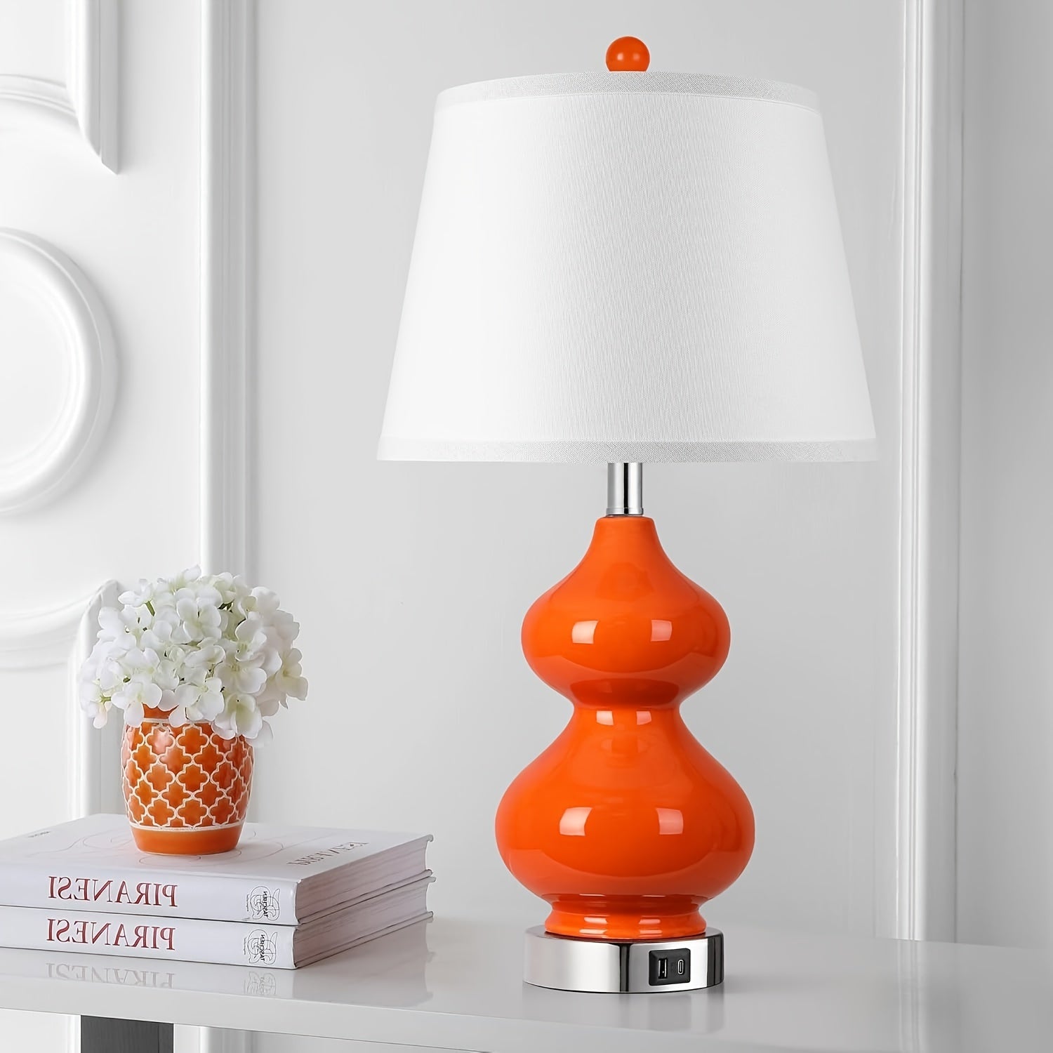 Lámparas de Mesa Modernas Naranja con Puertos USB, Set de 2