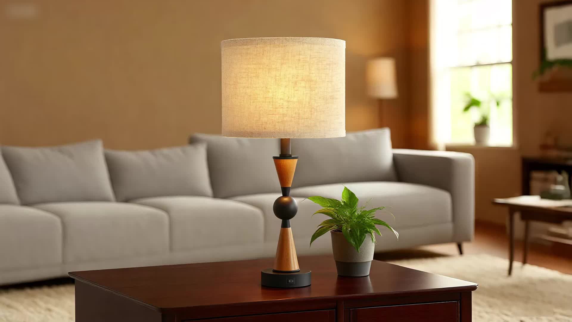 Lámpara de Mesa Doble USB-C y USB-A con Pantalla de Lino