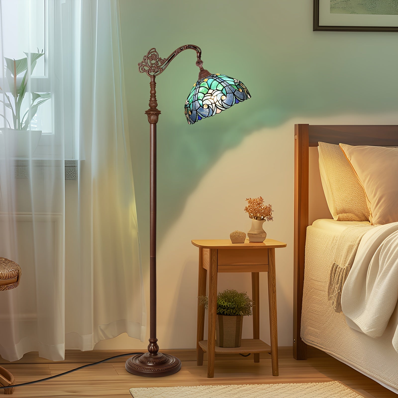 Lámpara de Pie Vintage con Pantalla de Cristal Satinado y Cuello Ajustable