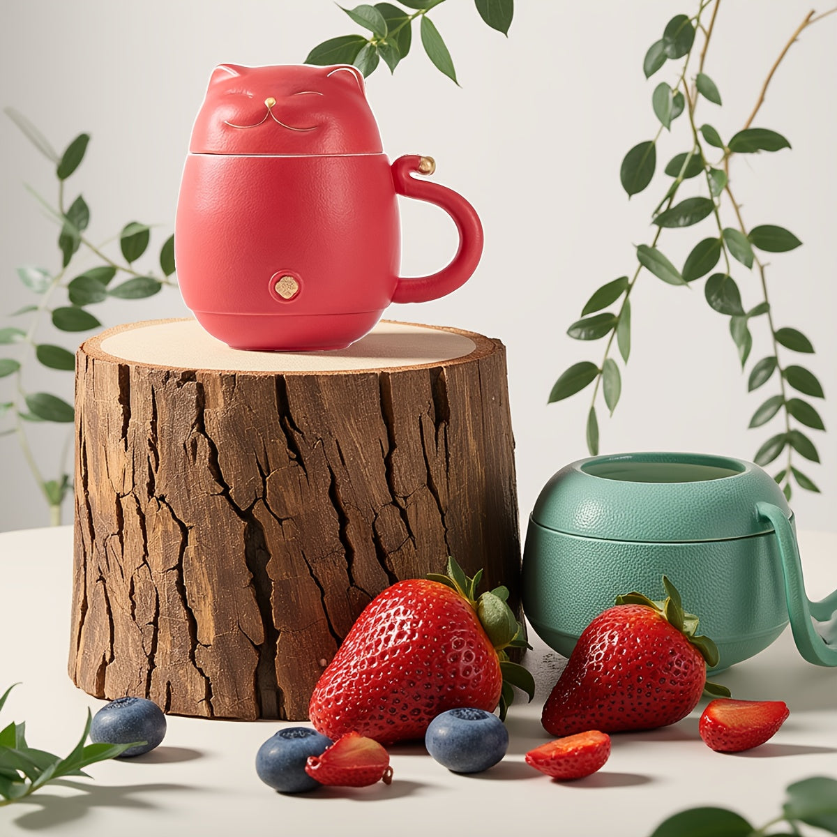 Taza de Té de Cerámica con Infusor y Tapa, Diseño de Gato