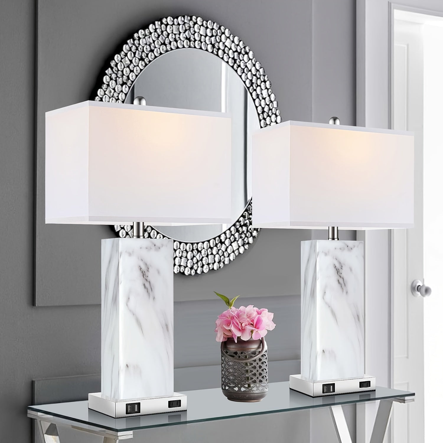 Lámparas de Mesa Táctiles, Set de 2 con Puertos USB y Enchufe AC