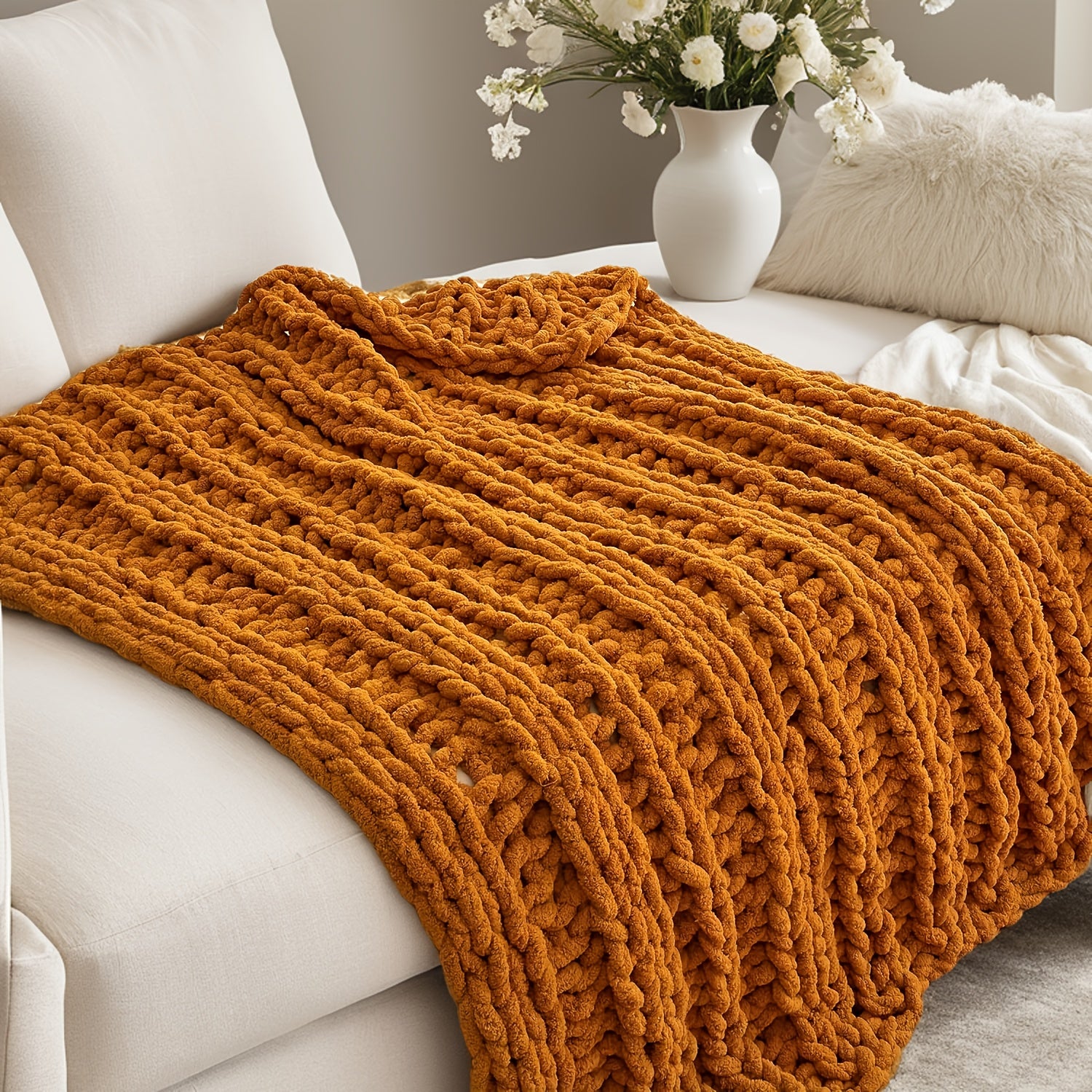 Manta Tejida a Mano de Chenilla Suave y Confortable