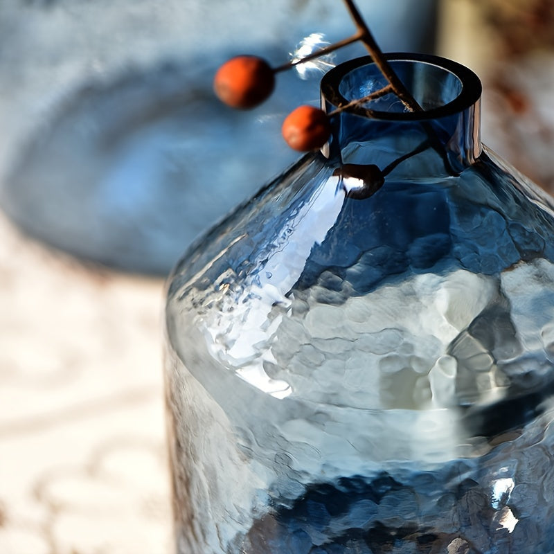 Jarrón de Cristal Azul con Diseño Ondulado para Flores Hidropónicas