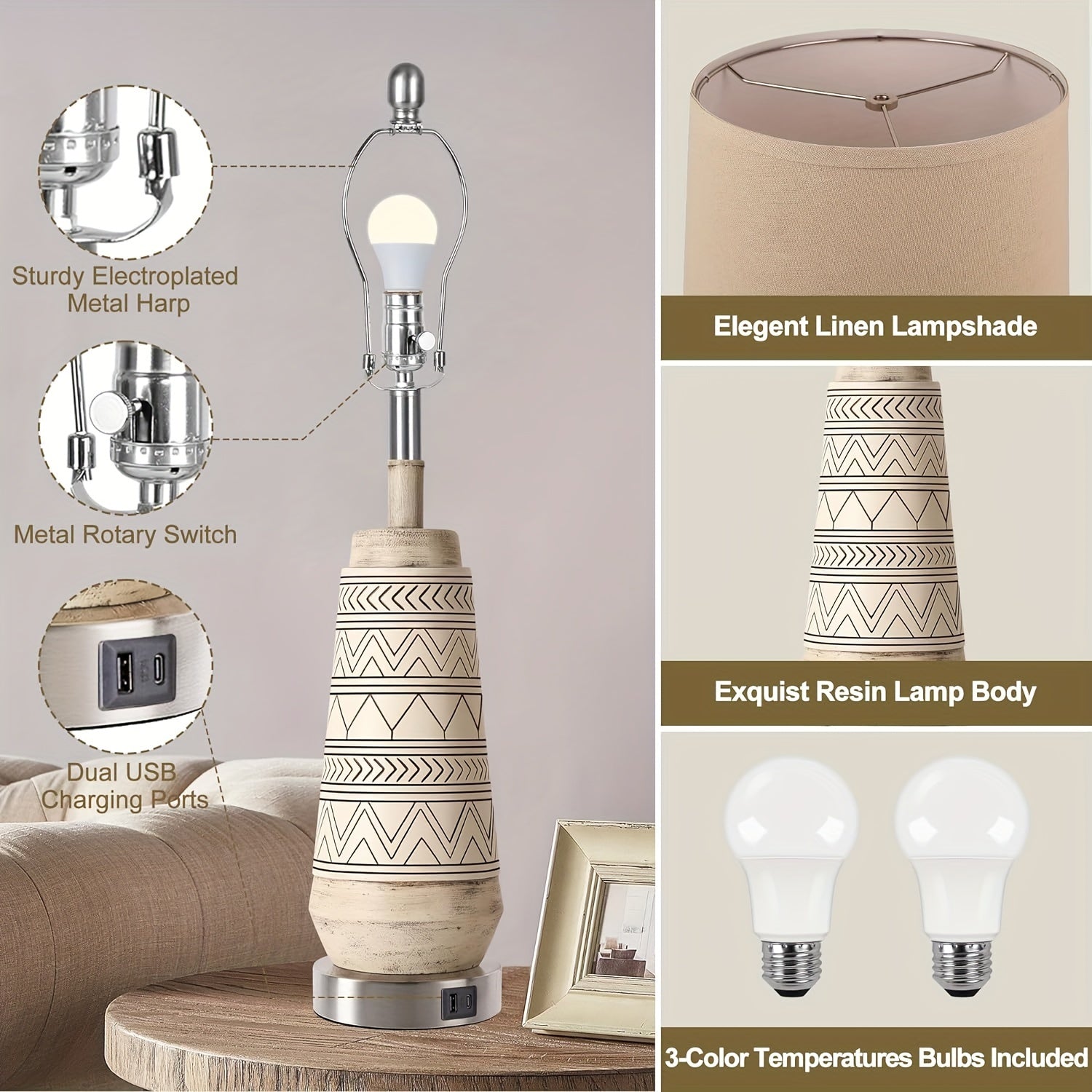 Pack de 2 Lámparas de Mesa Modernas con Control Táctil y USB