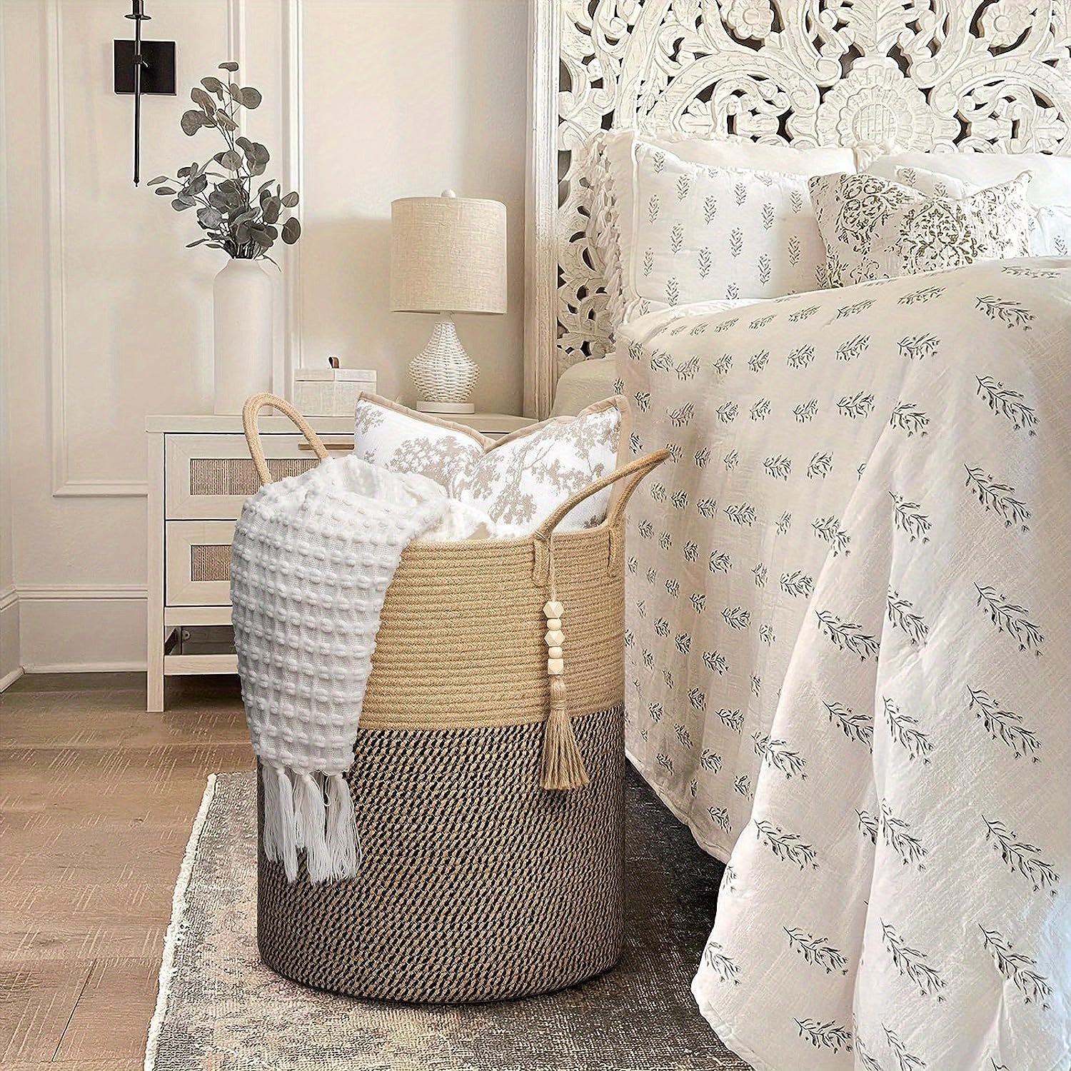 Cesta de almacenamiento plegable con asas beige y negra