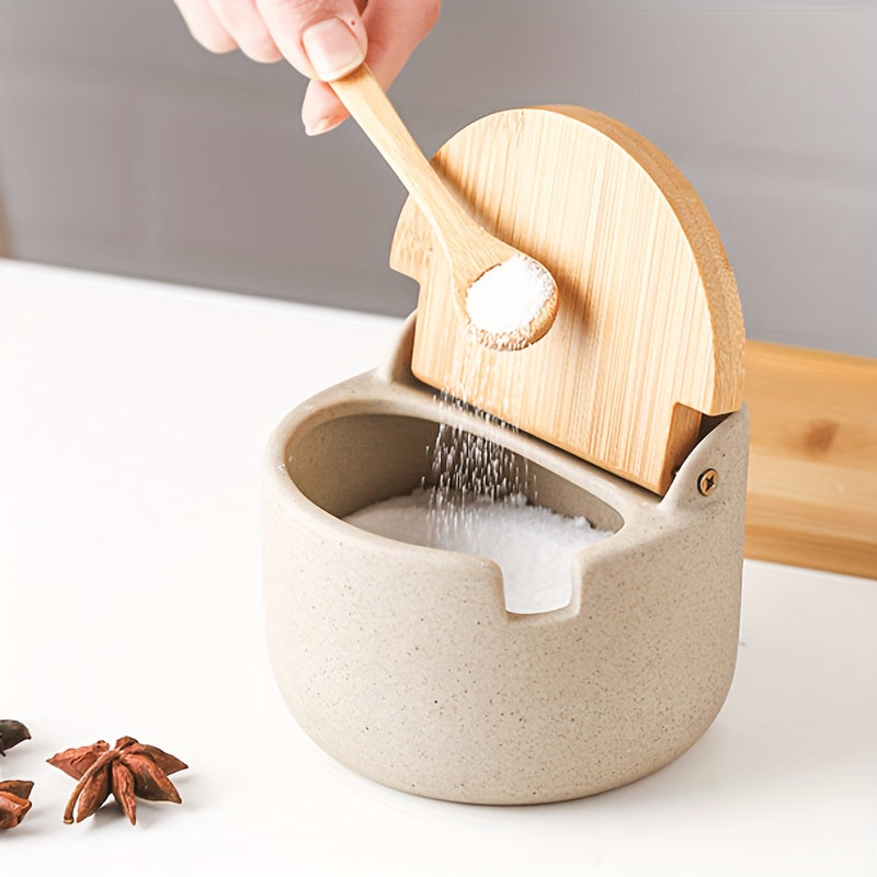 Set de Tarros de Cerámica con Tapa de Bambú para Condimentos